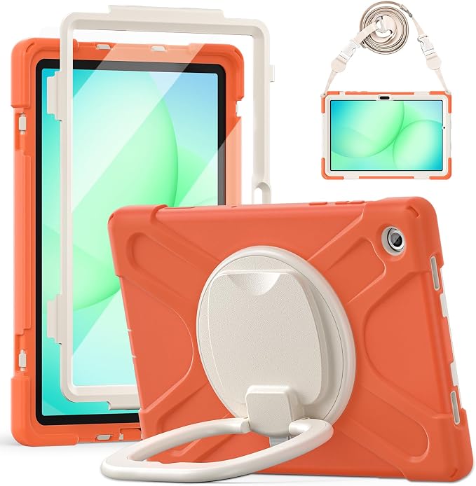 Rugged Protective Case Compatible with Samsung Galaxy Tab A11 Plus/A11 + 11" 2023 SM-X230, Military-Grade Shockproof Cover with 360° Rotating Stand & Built-in Screen Protector (Orange)