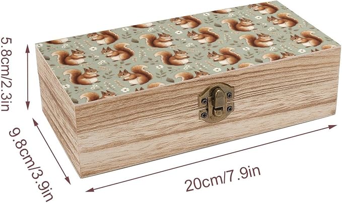 Wooden Keepsake Storage Box Memory Boxes with Hinged Lid, Squirrel Floral | Small Jewelry Craft Organizer Case, Decorative Wood Gift Box, Wedding Party Holiday Supplies, 9.2x5.5x3.9 Inch