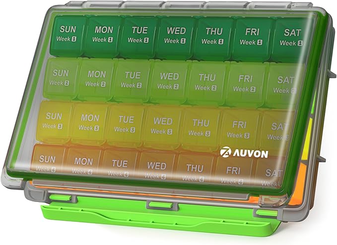 AUVON Moisture-Proof Monthly Pill Organizer, Large 28-Day Compartments | Pill Box Case with Removable 4 Weeks Medication Organizer Rows for Fish Oils, Vitamins, Supplements, Medications, BPA-Free