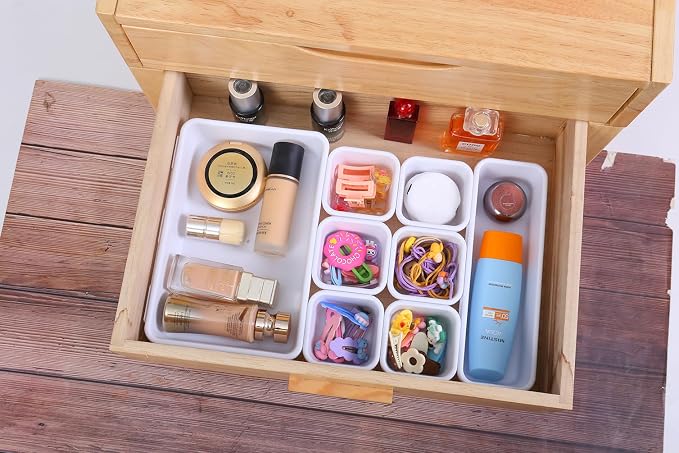 Kutesna 25 PCS White Drawer Organizer Set, 4 Size Interlocking Plastic Storage Bins for Office Supplies, Jewelry Makeup Vanity, Bathroom Kitchen, Home Organization Closet, Gadgets Small Items