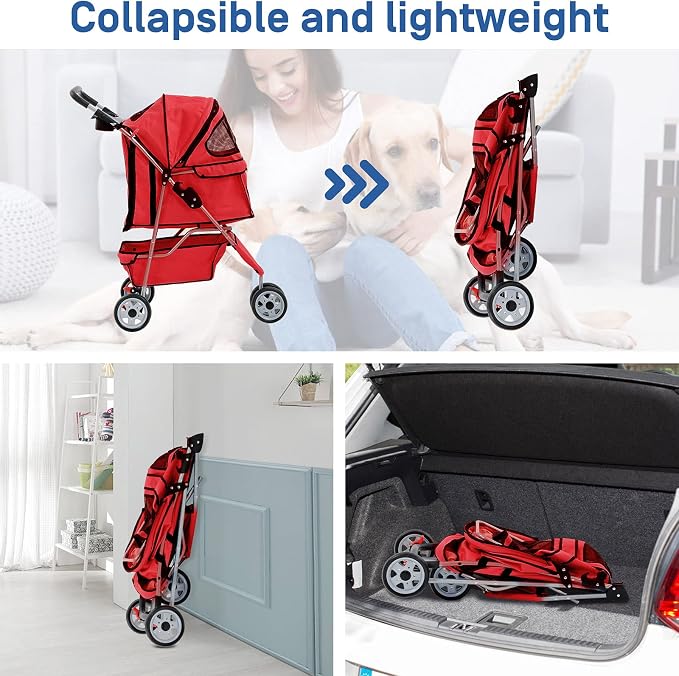 Best 3 Wheels Pet Stroller for Dog Stroller Cat Stroller, Lightweight and Foldable Pet Jogger Stroller, Carrier Strolling Cart W/Cup Holders Removable Liner for Small and Medium Dog Cat or Pet - Red