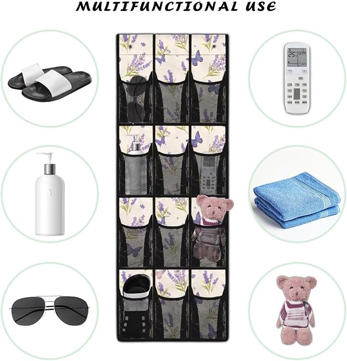 Lavender Butterfly Over the Door Shoe Organizer,Behind Door Shoes Hang Holder Rack,Hanging Shoe Storage Hanging Bag Unique Print