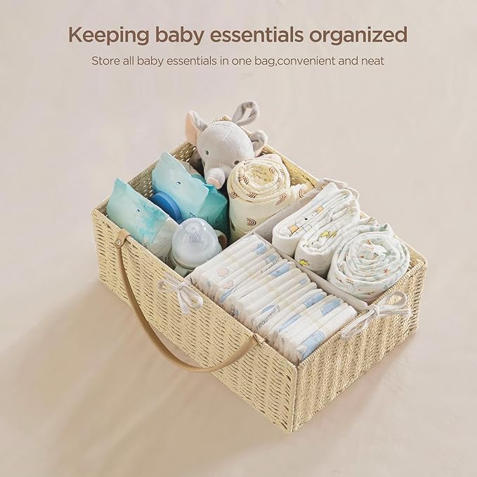 HBlife Baby Diaper Caddy Organizer, Paper Rope Storage Baskets Nursery Bin with Removable Divider, Portable Car Organizer for Diapers, Baby Shower Gifts, Newborn Essentials Must Haves