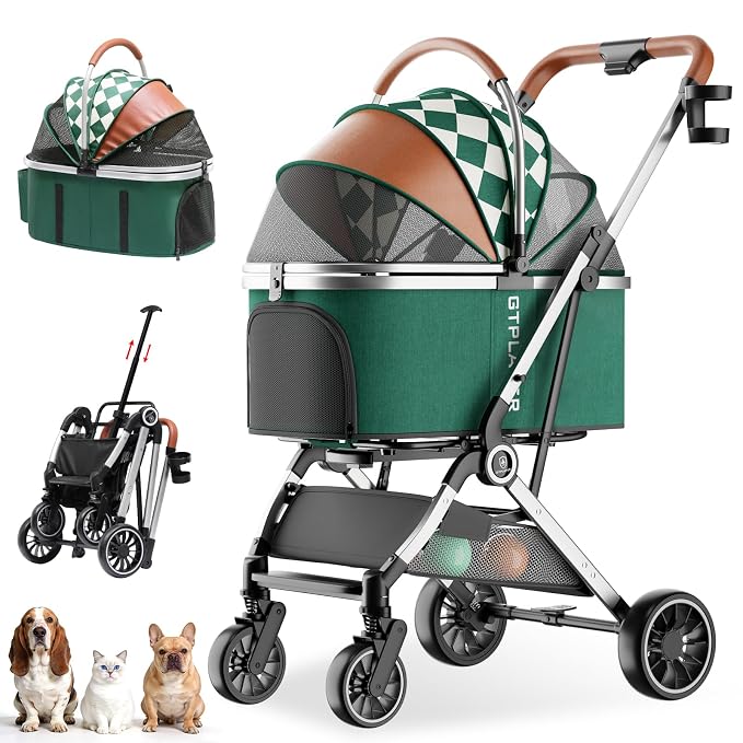 GTPLAYER Pet Stroller for Dogs & Cats, 3-in-1 Foldable Pet Strollers with Detachable Carrier, 360° Swivel Front Wheels & Rear Brakes, Up to 45 lbs, Green