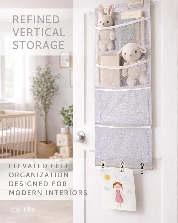 Over the Door Stuffed Animal Storage for Kids – Felt Organizer with Clips to Display Art and Mesh Pockets for Stuffies, Books and More – Space-Saving Hanging Design that Grows with your Child
