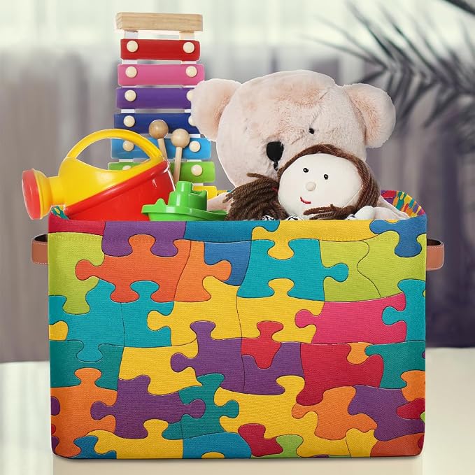 Rectangle Storage Baskets for Shelves, Colorful Puzzles Pattern Storage Cube Organizer Bins Collapsible Toy Basket for Nursery Home Room