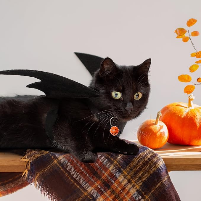 OLANRUN Cat Halloween Costume, Cat Costumes, Small Dog Halloween Costumes - Bat Wing with Pumpkin Bell for Pet Halloween Cosplay Party Dress Up Accessories (Small)