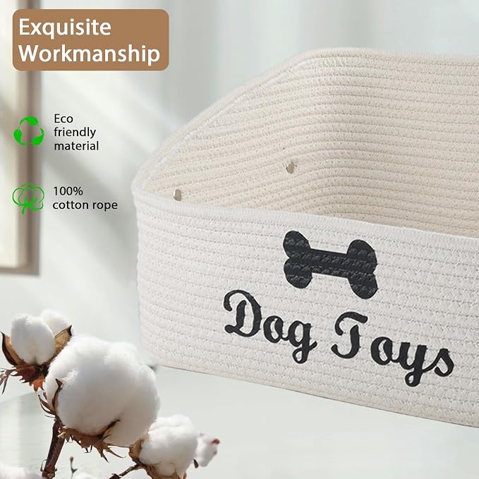 Dog Toy Basket-100% Cotton Rope Dog Toy Bin for Living Room Area-Trapezoid Pet Toys Box with Sturdy Handle-Puppy Bed-Dog Stuff Organizer for Toys,Collar,Leash,Blanket-Chew Proof-Beige