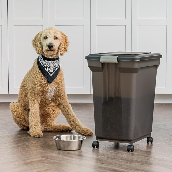IRIS USA Dog Food Storage Container, Up to 58 lbs, Smoke Black, Made in USA | Wheels for Mobility, Airtight Seal, BPA-Free, Best for Bird Seed, Cat food, Cat Litter, Chicken Feed, Pellets