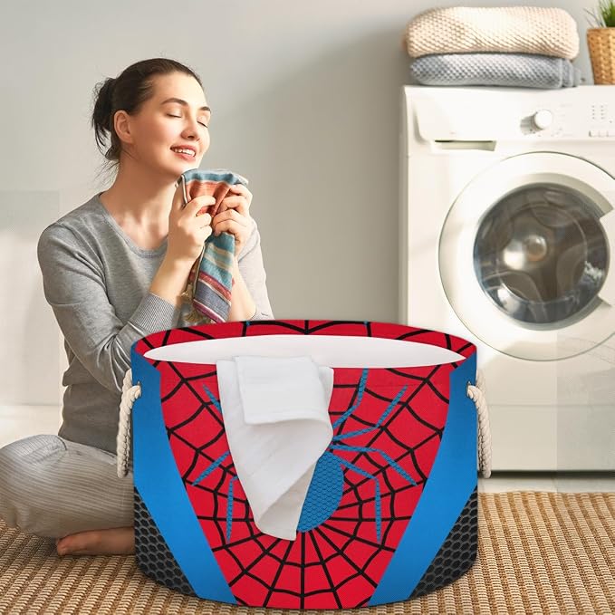 Storage Baskets - Large Red Blue Spider Web Nursery Organizer Bin Box with Handles Collapsible Round Laundry Hamper for Kids Boy Toys Blanket, Bedroom Living Room Decor Gift Basket (19.4"x13.3")
