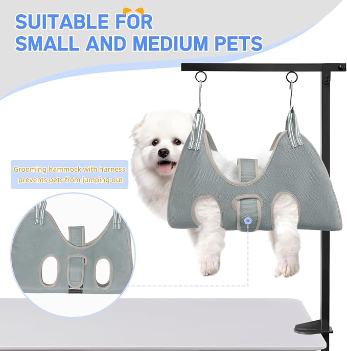 Dog Grooming Arm with Hammock, Height 27"-38", Size M, Grey | Foldable table arm with no-sit holder and restraint loops; ideal for small and medium pets at home or in salons.