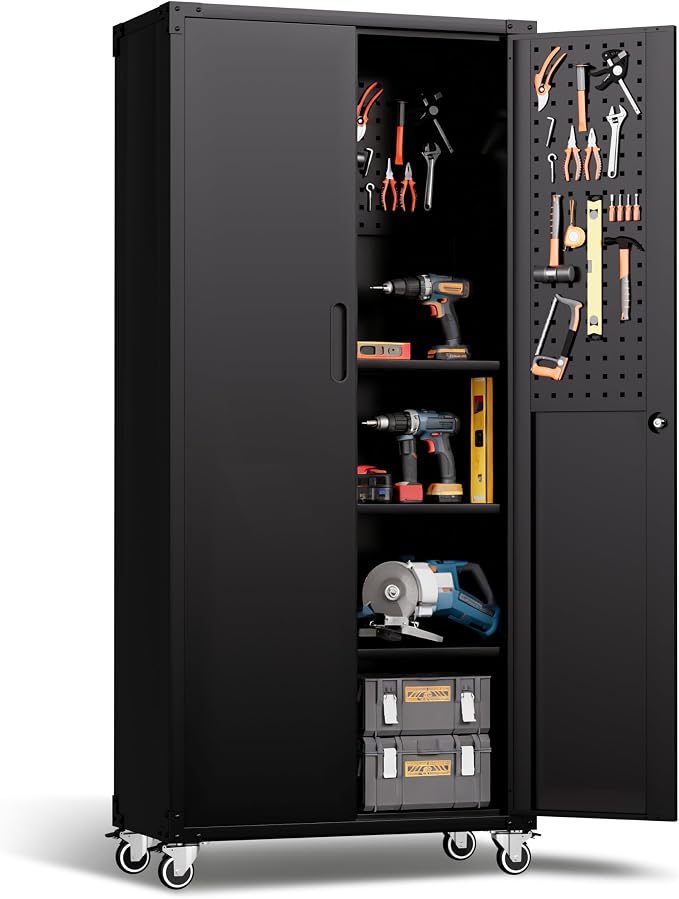 Rolling Tool Cabinet with Pegboard, 71" Tool Cabinets with 3 Adjustable Shelves for Garage, Tool Room, Assembly Required(Black)