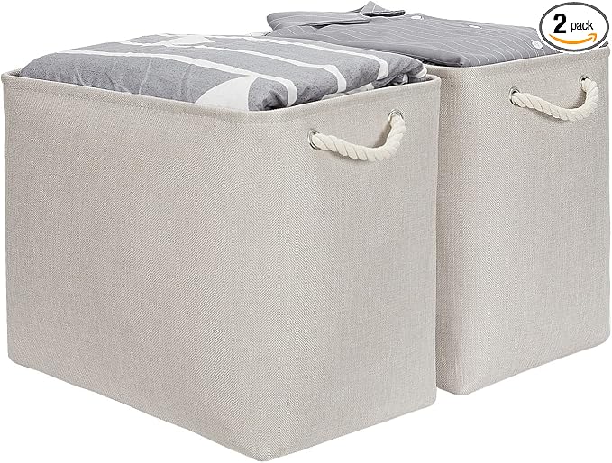 DULLEMELO 2-Pack Large Storage Baskets for Organizing Canvas Fabric Storage Basket Bins With Rope Handles for Shelf Clothes Empty Gift Basket (Beige)