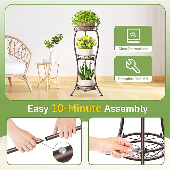 KMOTASUO Metal Plant Stand Tall for Indoor Outdoor Corner, 3 Tier Bronze | Heavy Duty Flower Holder Rack, Modern Vertical Iron Shelf for Patio Bathroom Office Garden