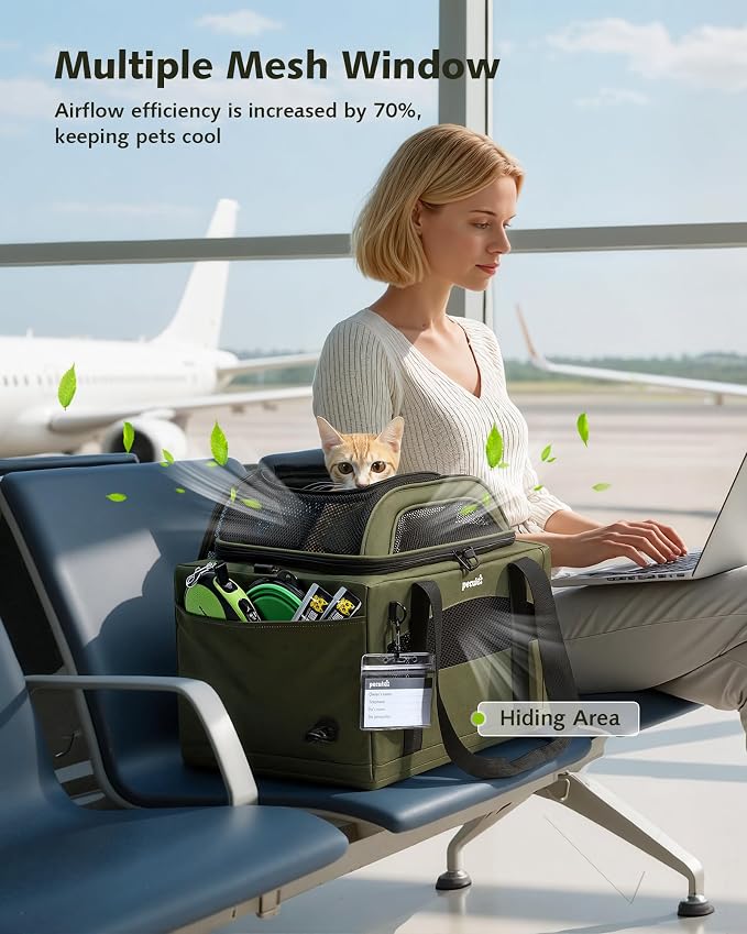 Pecute Expandable Airline Approved Pet Carrier for Cats & Dogs, Olive Green | Airline Approved Dog Carrier, Under-seat, Anti-scratch Mesh, Safety Leash, Locking Zippers, Leakproof Pee Pad
