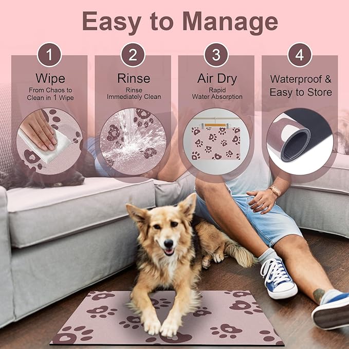 BLESWIN Pet Feeding Mat 16"x24", Absorbent Pet Food Mat, Dog Food Mat Large, Rubber Dog Mats are Non-Slip and Waterproof to Protect Floors, Mat for Cat Food and Water Bowls, Cat Feeding Mat, Pink
