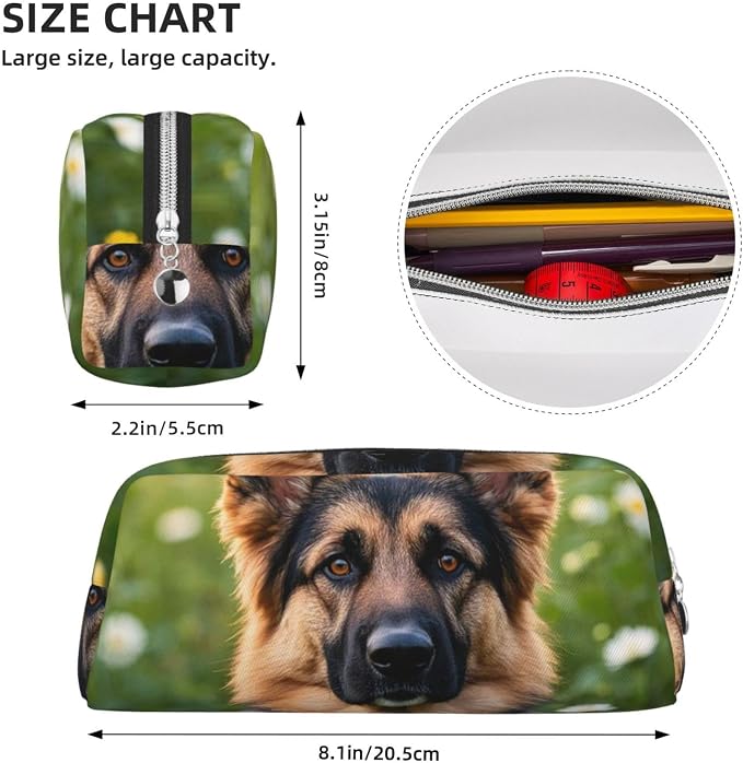 PU Leather Pencil Case Cosmetic Pencil Bags Makeup Pouch with Zipper | Cute Pet German Shepherd Dog Pen Pouch Portable Cosmetic Organizer Bag For Office Woman Man