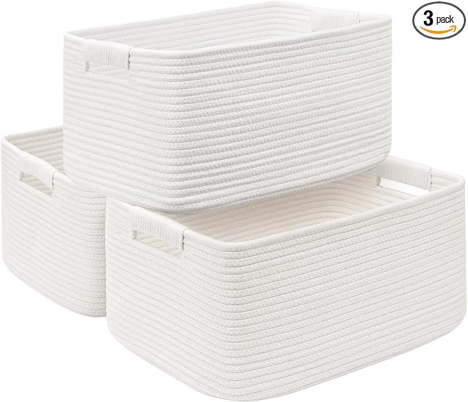 3 Pack Large Storage Basket for Organizing, 17.5"x13"x7" Woven Basket for Shelves, Closet Cube Storage Bins with Wrapped Handle, Cotton Rope Baskets for Kitchen, Clothes, Toys(Off White)