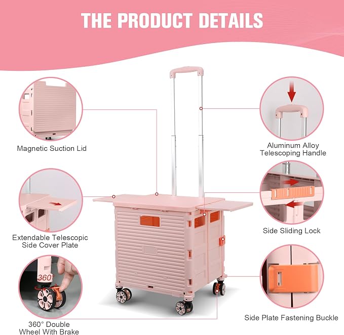 FELICON SELORSS Folding Utility Cart Portable Rolling Crate Handcart-Pink | Magnetic Sliding Lid,Telescoping Handle,Plastic Box Dolly,360°Swivel Wheels for Travel Shop Move Laundry Office Teacher Use