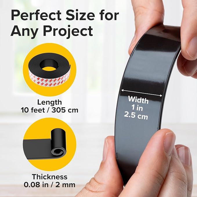 Super Sticky Magnetic Tape for DIY & Crafts, 10ft x 1in (3m x 2.5cm) | Strong Magnet Strip, Adhesive Backing, Easy to Cut & Mount, For Fridges, Whiteboards & More