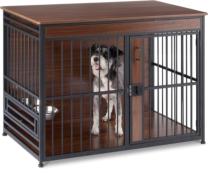 Amazon Basics Furniture Style Dog Crate, Sturdy Wooden Pet Kennel, Two Bowls Included, 41" x 23.6" x 29.5", Walnut
