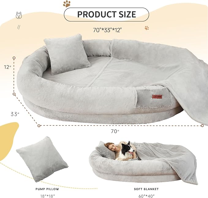 Fvkind Human Dog Bed, Human Size Dog Bed for Adults, 70"x33"x12", Grey | Human Sized Dog Bed, Thick Egg Crate Foam, Washable Plush Faux Fur Cover, Comfortable Resting Dog Bed for Humans and Dogs
