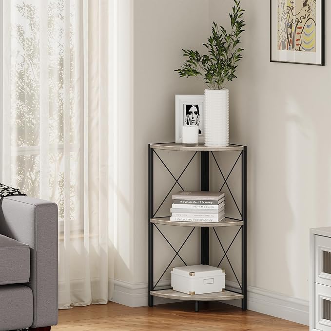 Snughome Corner Shelf for Desktop, 3-Tier Corner Storage Organizer with Metal Frame, Freestanding Corner Shelf Stand Display Rack for Kitchen Counter, Living Room, Grey