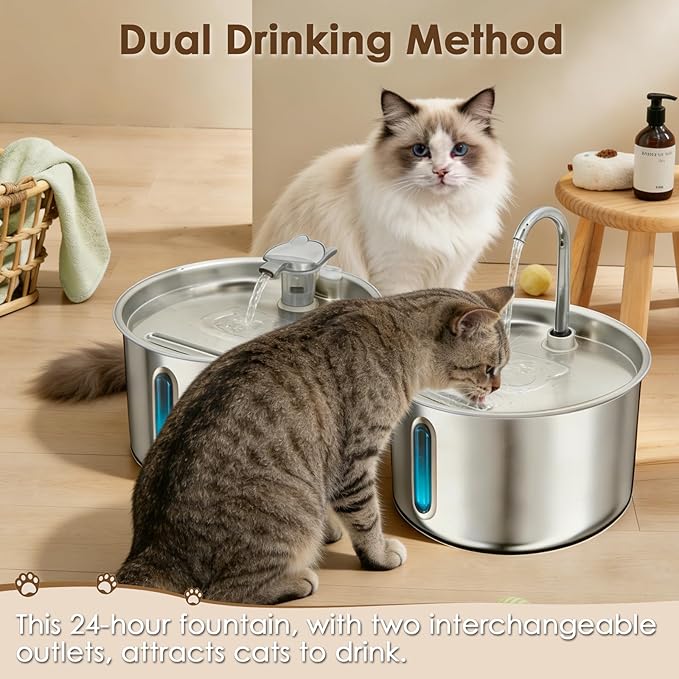 Stainless Steel Cat Water Fountain, 135oz/4L Automatic Pet Water Dispenser with 3 Filters & 2 Water Outlets, Quiet Indoor Drinking Fountain for Cats Small Dogs, Water Level Window