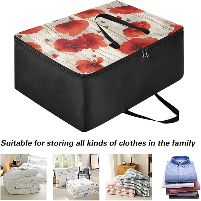 Comforter Storage Bags Large Folding Blanket Organizer Bag with Strong Handles Clear Window Closet Storage Containers for Clothes King Queen Pillows Bedding Quilt Duvet Rustic Red Poppy Flowers