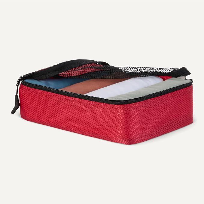 Amazon Essentials 4-Piece Space-Saving Packing Cubes Travel Accessories Set, Luggage Organizer with Double Zipper, Mesh Top, Small, Red (Previously Amazon Basics)