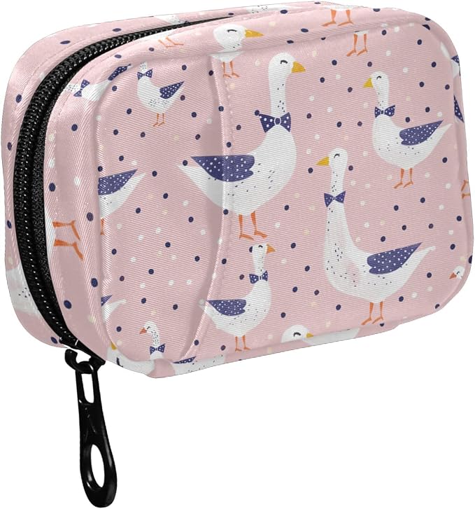 Fustylead Geese with Bow Tie on Pink Background and Dots Travel Pill Organizer Bag with Zipper Small Pill Box 7 Day Pill Case for Purse Storage Weekly Vitamin Medicine Supplement
