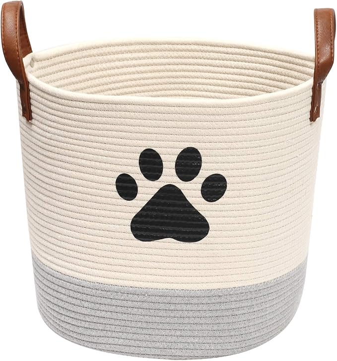 Geyecete Cotton Rope Basket with Leather handle Dog Cotton rope for dogs Laundry Basket Storage Bin dog bin Storage Bins-Natural Woven Basket-Beige/Gray