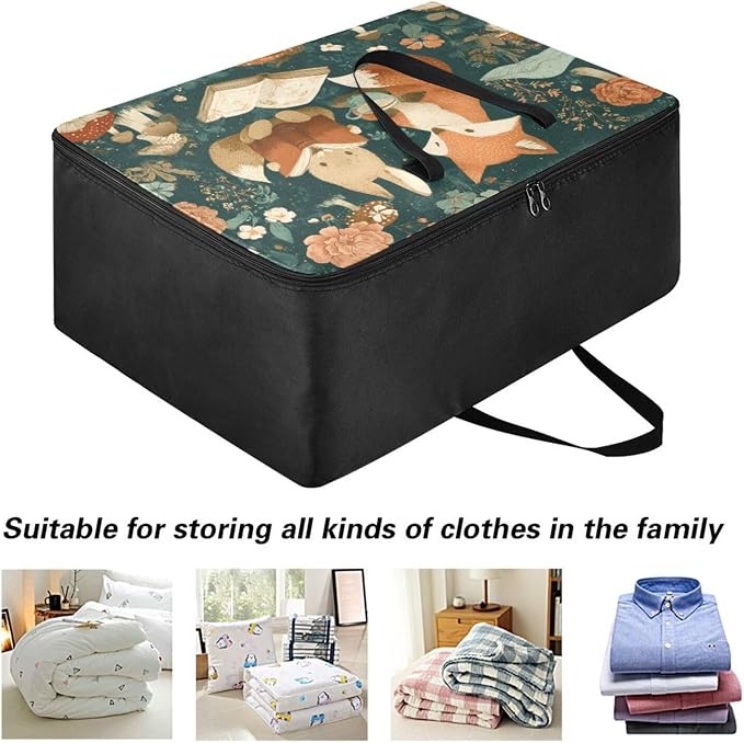 Comforter Storage Bags Large Folding Blanket Organizer Bag with Strong Handles Clear Window Closet Storage Containers for Clothes King Queen Pillows Bedding Quilt Duvet Fox Bunny Mushrooms Gree