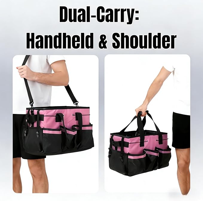 Tool Organizer Tote Bag, Pink and Black, Large Capacity with Adjustable Compartments, Portable Cleaning Storage Caddy, 14.96x10.63x9.06 Inches