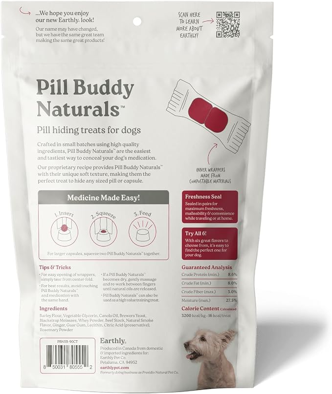 Presidio Earthly Pill Buddy Naturals - Beef Recipe Pill Hiding Treats for Dogs - Make A Perfect Pill Concealing Pocket Or Pouch for Any Size Medication - 90 Servings
