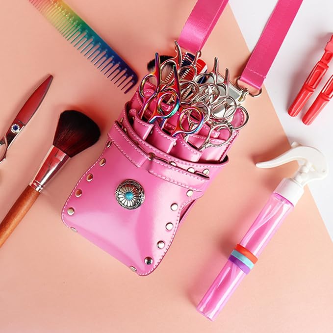 Hairdresser Waist Bag Shear Holder, 7-Slot Hairstylist PU Leather Barber Scissors Holster Pouch Tool Bag, Detachable Hair Cutting Organizer for Combs, Clippers, Spray Bottles (Pink)