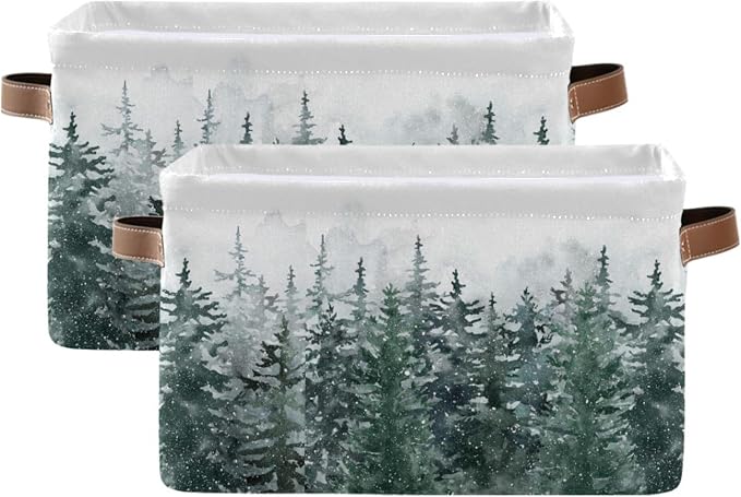 Winter Pine Forest Tree Storage Basket with Waterproof Liner and PU Handles Christmas Snow Scene Storage Bins Boxes 14.2" Collapsible Decorative Organizer Baskets for Bedroom Closet Office 2 Pack