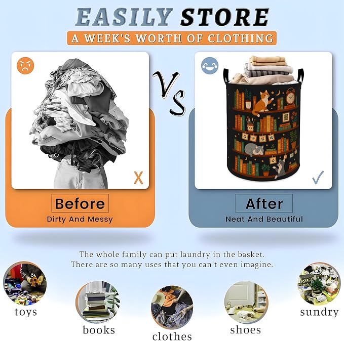 Vintage Cat Bookshelf Laundry Basket, Retro Book Clock Floral Star Storage Hamper, Round Collapsible Waterproof Cloth Bin, 19.7x15.7 Inch Cute Clothes Organizer Gifts for Bathroom Decor