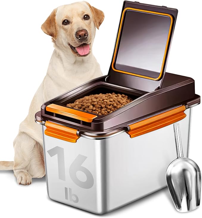 Newget 11 lb Stainless Steel Dog Food Storage Container with Scoop, Brown | Keep Food Fresh, Sturdy, Airtight, Rust-Proof, Insect-Proof, Moisture-Proof, Easy to Use, Suitable for Store All Pet Food