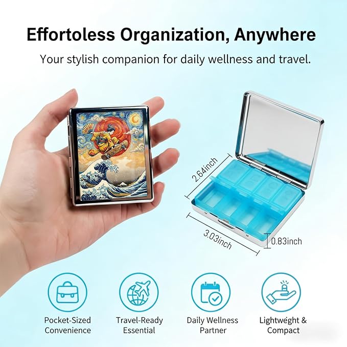 Weekly Pill Organizer, Metal Pill Box with 8 Compartments, Small Travel Pill Case for Purse Pocket, Medicine Vitamin Supplement Organizer (Geisha Skater)