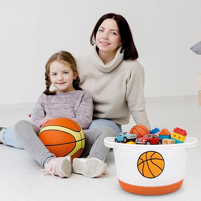 Basketball Storage Basket, Woven Basket with Handle Small Laundry Basket Organizer for Baby Shower, Blanket, Shelf, Cat Dog Toy Organizer, Gifts Empty, 9"x7" Baskets for Organizing