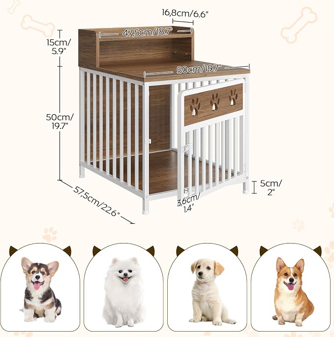 YATINEY Dog Crate Furniture, Wooden Dog Kennel with Storage, Indoor Pet Crate End Table, Two-Tier Small Dogs House, Chew-Proof, for Living Room, Bedroom, White and Walnut DC01WH