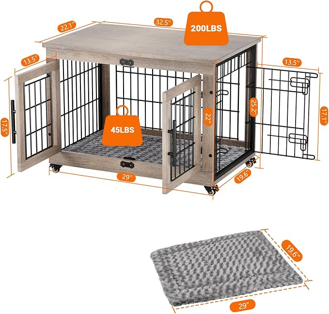 YaFiti Dog Crate Furniture, 32.5” Wooden Indoor Dog Kennel, Grey | Cushion, Wheels, Double Doors, Furniture Style, Side End Table, Decorative Pet Cage House, Up to 45 lb, for Small/Medium Dogs