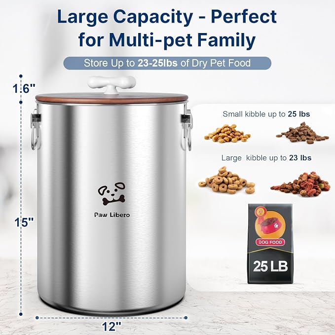 Paw Libero 25 Lbs Stainless Steel Dog Food Storage Container with Airtight Wooden Lid & Ceramic Bone Handle, Large Metal Dog Food Bin for Dogs & Cats, Keep Fresh, Easy to Clean