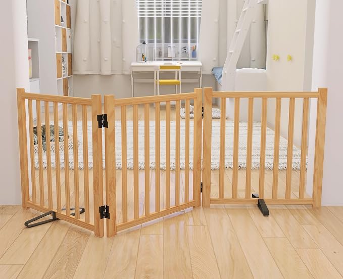YOCAN Non-Painted Wooden Freestanding Dog Gates - 3 Panels L:69" H:23" | Pet Gate for The House,Doorways, Stairs,Wood Dog Fences Indoor Pet Gate,Step Over Fence