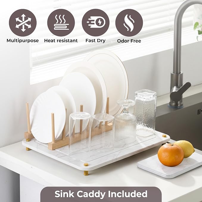 Stone Drying Mat for Kitchen Counter + Sink Caddy | 15.7"x11.8" Diatomaceous Earth Drying Mat with Stainless Steel Feet | Heat Resistant to 450°F | Eco-Friendly Dish Drying Stone for Kitchen Counter
