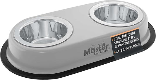 Master Pet Supply Double Dog Bowls Set with Elevated Base and 2 (8 oz) Stainless Steel Removable Dishes (Light Gray) – Double Cat Food Water Bowl, Dog Puppy Food Bowl Set, Rust Resistant