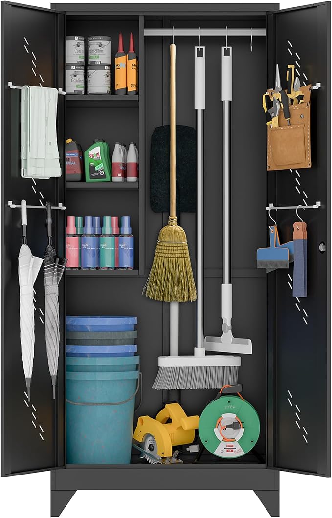 75" Metal Storage Cabinet with Lockable Doors,Utility Closet,Black | Functional Garage Storage Cabinets,Heavy-Duty Tool Cabinet,Hanging Rod & S-Hooks,Steel Lockers for Home Office,Warehouse