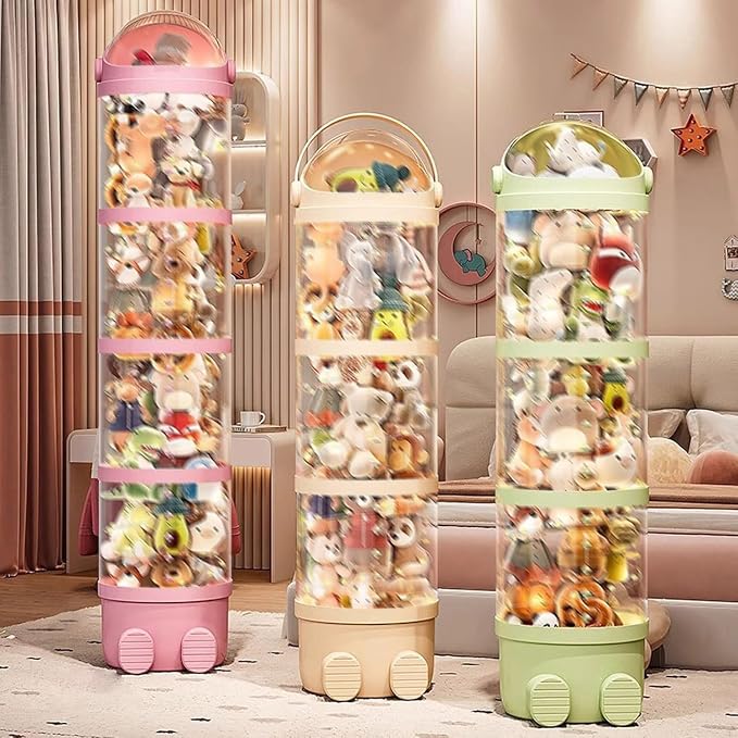 Clear Storage Tube Organizer, Vertical Stuffed Animal Display Container with Pull Button, PET Storage Tower for Plush Collection and Home Organization (PKB, 51.18 in)