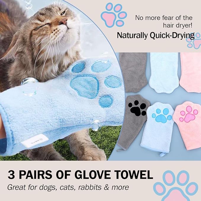 Dog Drying Mitts 3 Pairs Super Absorbent, Ultra Soft Microfiber Pet Bath Towel Gloves for Quickly Drying Dogs Cats, Grooming Hand Towels for Muddy Paws, Ears, Underbelly after Bathing Rainy Walks